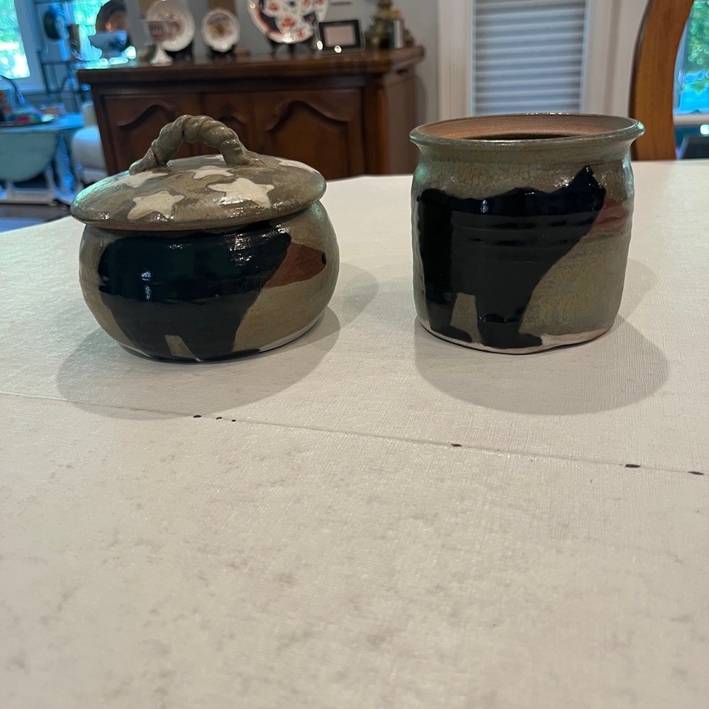 Vintage Handcrafted/ handpainted black bear pottery Jar Set. EUC!